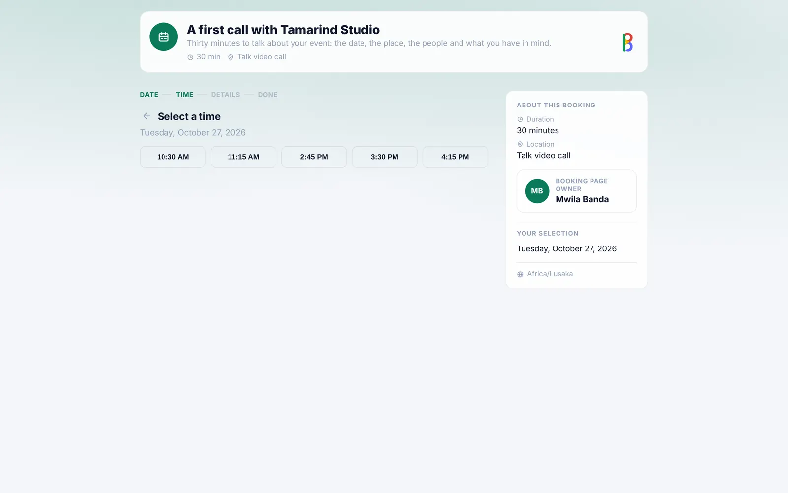 A booking page in Calendar, where people pick a free time to meet you.