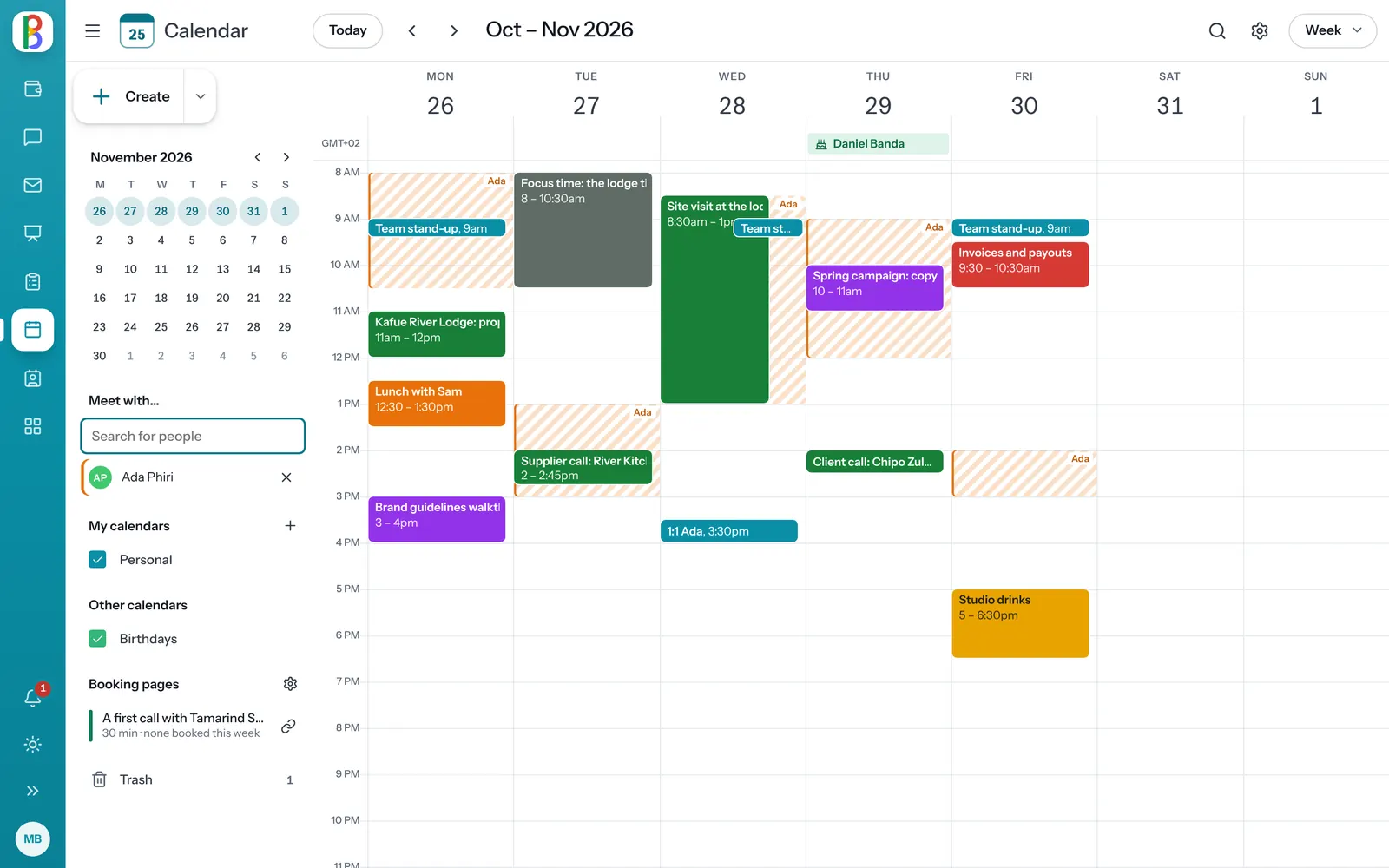 A week in Calendar with meetings in colour, and the people you can see free and busy times for.