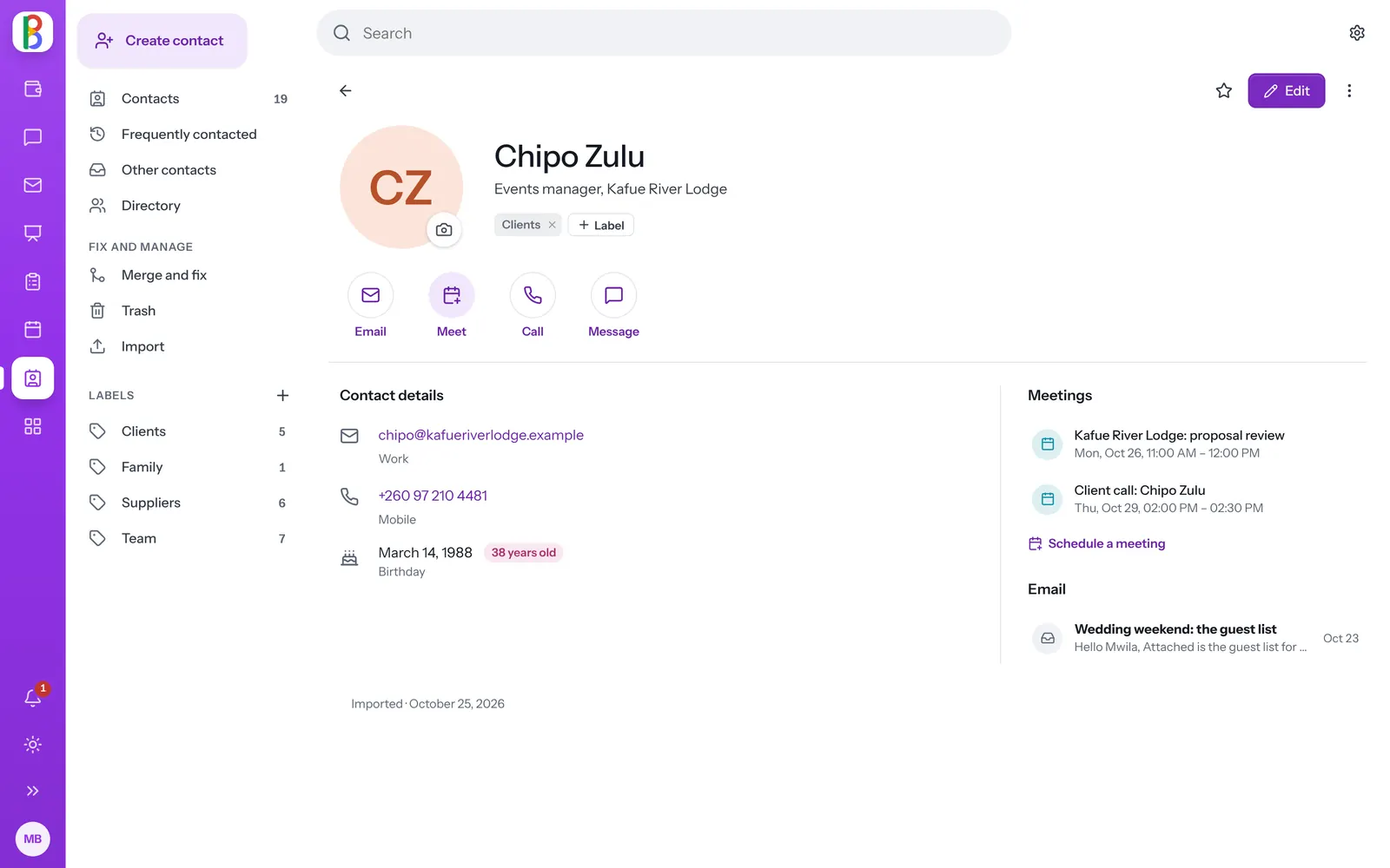 A person in Contacts: their details, labels, recent mail and meetings.