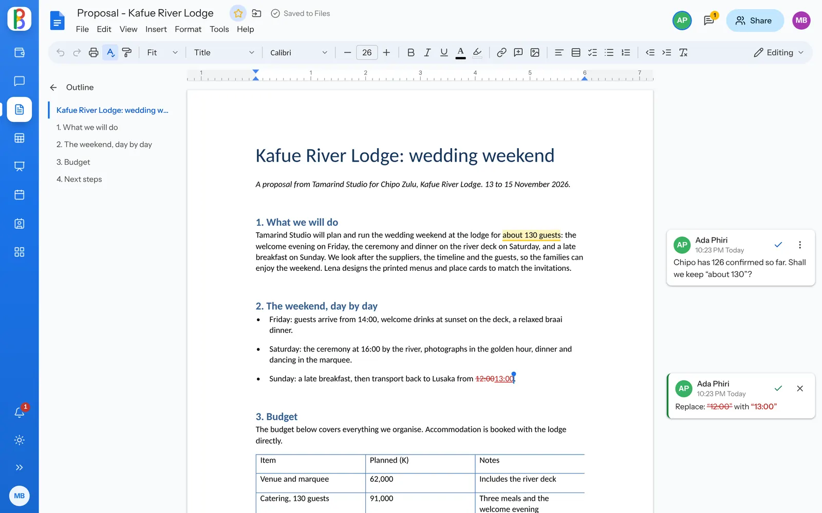 Comments and a suggested change beside the page in Docs.