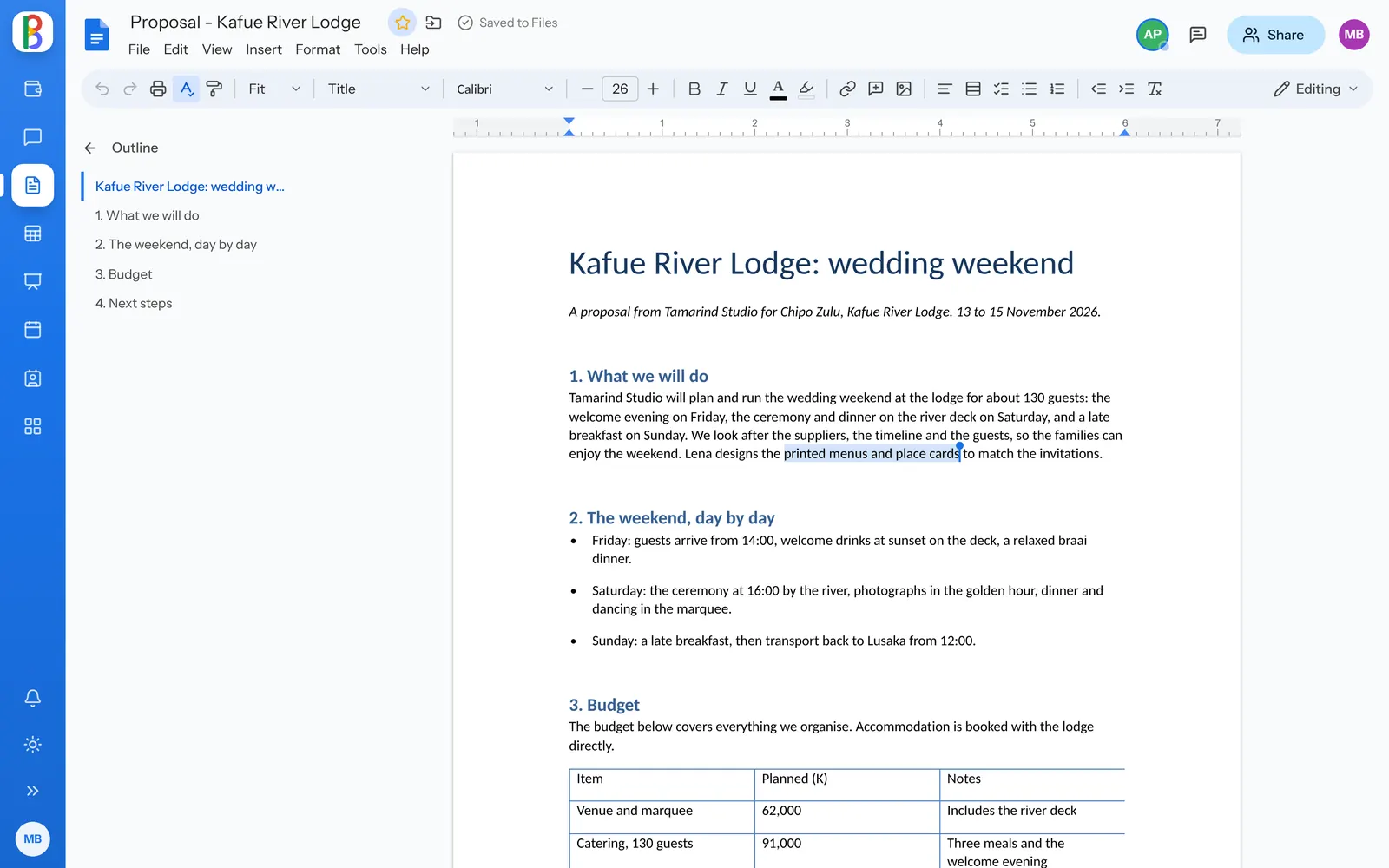 Two people writing the same document in Docs, each with a named cursor.