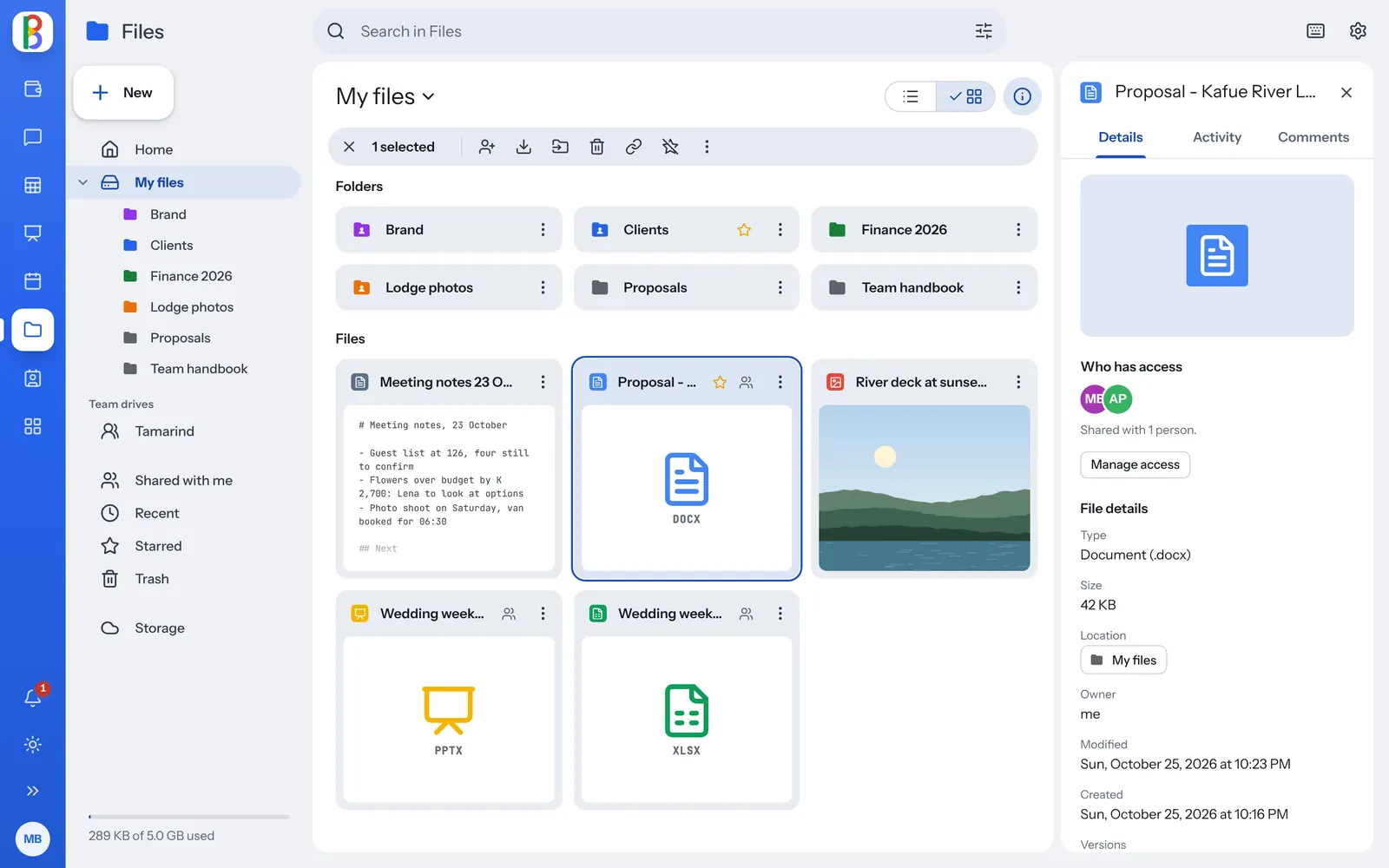 My files in Files: folders in colour, files with previews, and the details of the selected file.