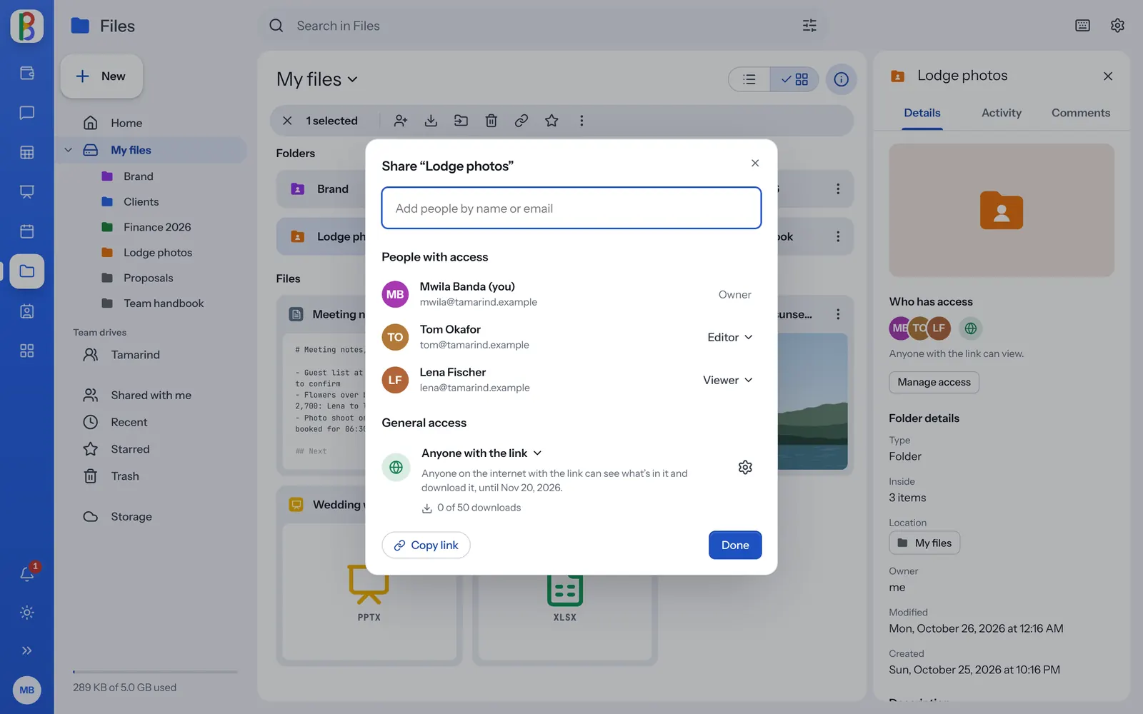 Sharing a folder in Files: people with their roles, and a link with an end date and a password.