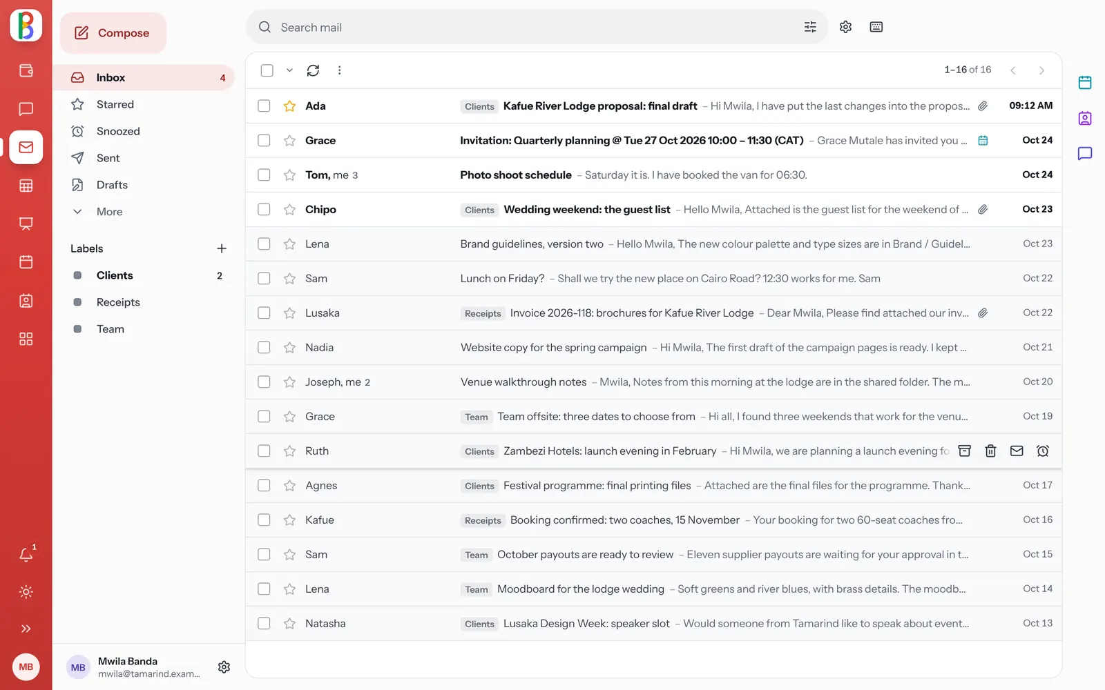 The Mail inbox: conversations grouped with their replies, labels, and the side panel for Calendar, Contacts and Talk.