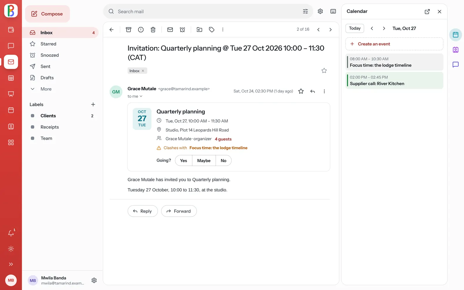 A meeting invitation in Mail: when and where it is, who is coming, a clash with another event, and the day in Calendar beside it.