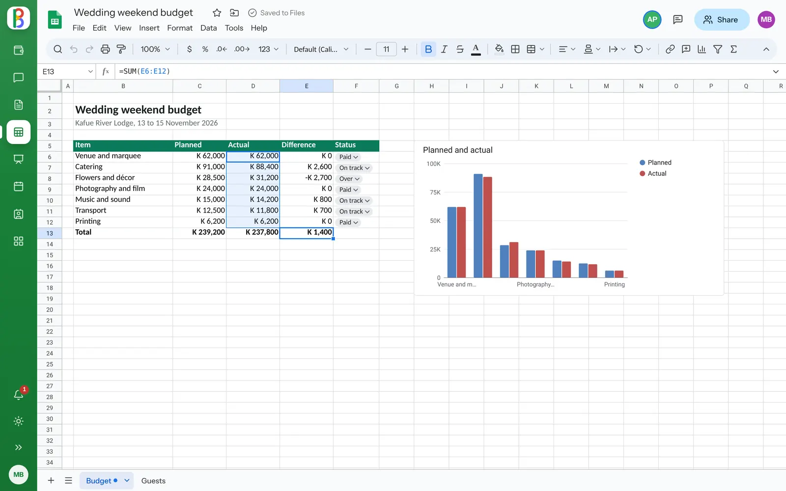 Two people in the same spreadsheet in Sheets, each selection outlined with a name.