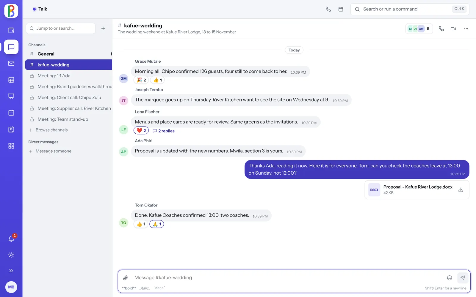 A team conversation in Talk with replies, reactions and a shared file.