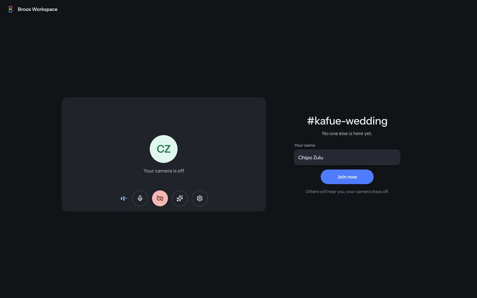 The meeting link page in Talk, where a guest types a name and joins the call.